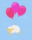 White sheep flying on three pink balloons